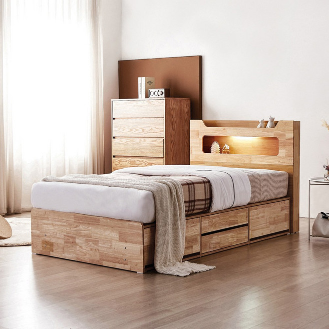 동서가구 이즈 비엘 LED 2단 수납 4서랍 고무나무 원목 침대 프레임, 내추럴