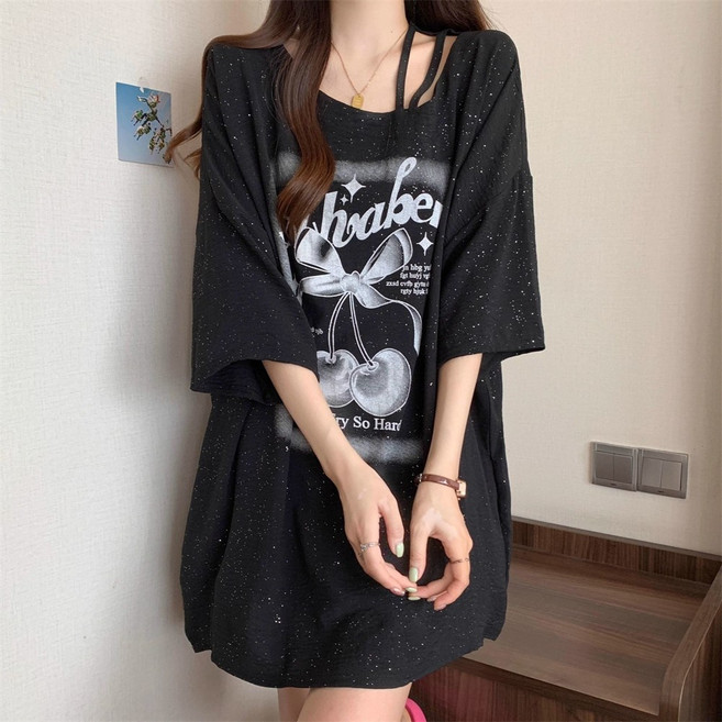 Vezri 빅사이즈 글리터 반팔티 롱기장 티셔츠 여름용 캐주얼 상의