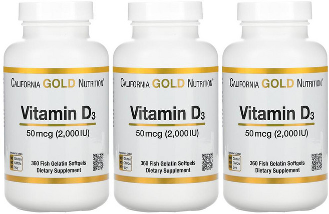 2+1캘리포니아골드뉴트리션 비타민D3 50mcg 2000IU 360캡슐 콜레칼시페놀 라놀린, 360정, 3개