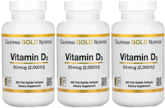 2+1캘리포니아골드뉴트리션 비타민D3 50mcg 2000IU 360캡슐 콜레칼시페놀 라놀린, 360정, 3개 - 쿠팡