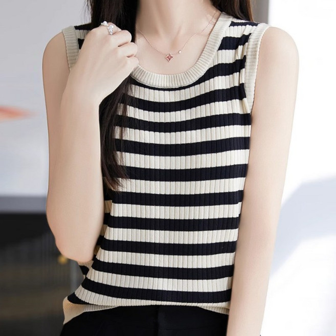 스타일아유 스트라이프 라운드넥 민소매 티셔츠 여성용 빅사이즈 아이스 니트 나시 TO0206
