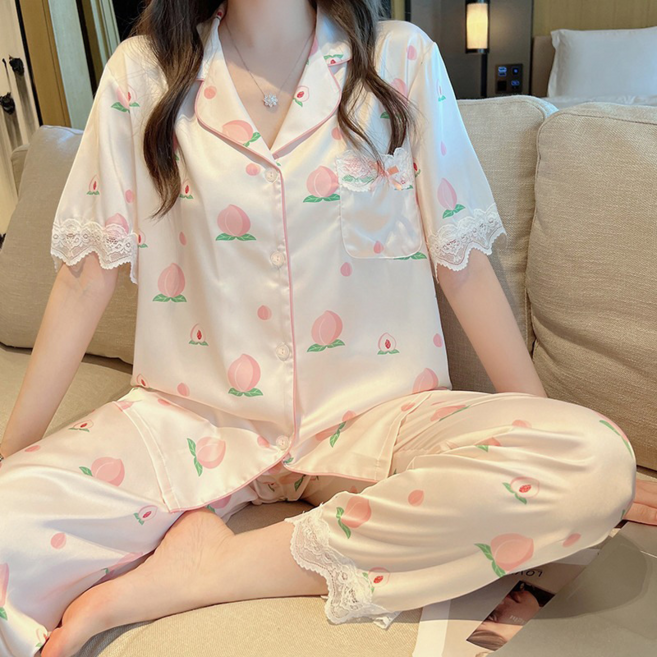 輕奢日系夏季冰絲薄款短袖長褲花卉高級感家居服套裝