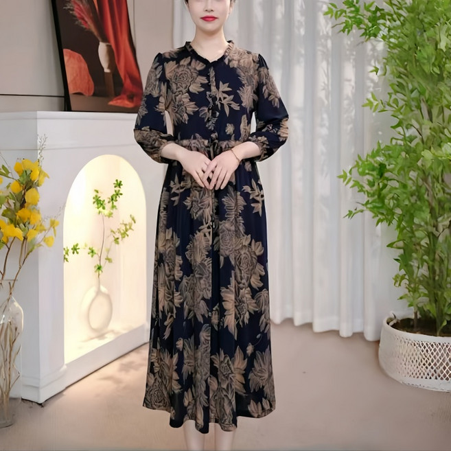 Makone 여성 라운드넥 프릴트리밍 칠부소매 롱 원피스 엄마옷 트랜드 심플 a라인 빈티지 긴소매