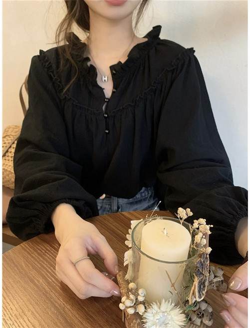 梨卡 女裝 法式木耳邊長袖襯衫 百搭寬鬆休閒罩衫 黑色