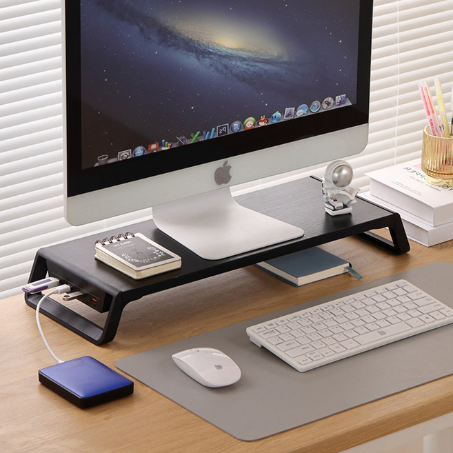차르미콜 모니터 받침대 USB허브 4구 2.0포트 책상정리 키보드수납 스탠드, 블랙