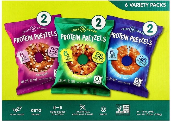 크리스프 파워 단백 프로틴 프레즐 버라이어티 팩 6팩 각 1.75온스 50g Crisp Power Protein Pretzels Variety Pack 6 Packs 1.75o, 크리스프 파워 단백질 프로틴 프레즐 버라이어티 팩 6팩 - 쿠팡