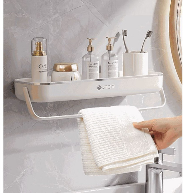홈니드 다용도 벽접착 선반 주방 다용도 무타공 수건걸이 공간활용 샴푸 화장실 욕실 정리, 걸이바있는 타입, 실버띠