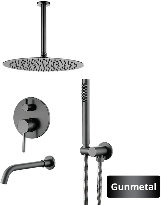 건메탈 샤워 수전 세트 (10인치 레인폴 헤드 21CM 스파우트 벽걸이형 온수/냉수 천장 암 믹서 탭 욕조용), 01 빠른, 01 10 인치, 07 Gunmetal-Thin