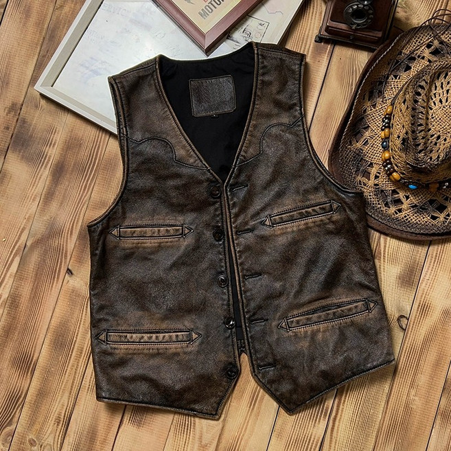 남성용 빈티지 워싱 천연 소가죽 라이더 무소매 베스트 레이어드 가죽 조끼