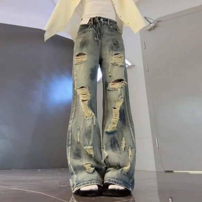 쁘띠꼬모 여성 와이드핏 디스트로이드 청바지 루즈핏 팬츠 데일리룩 WKX40714