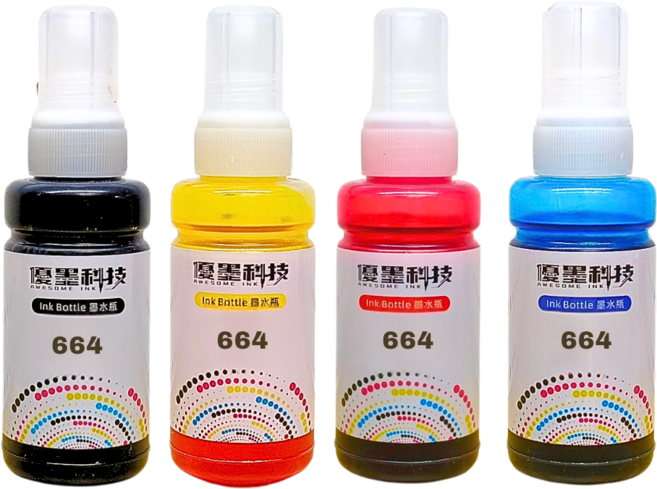 優墨科技 664 墨水瓶 適用多款打印機 色彩鮮明 打印清晰, 四色一組 搭黑70ml, 1套