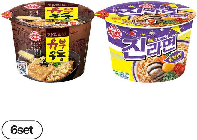 오뚜기 유부우동 용기 100g 6개 + 진라면 약간매운맛 용기 110g 6개 (총 12개)
