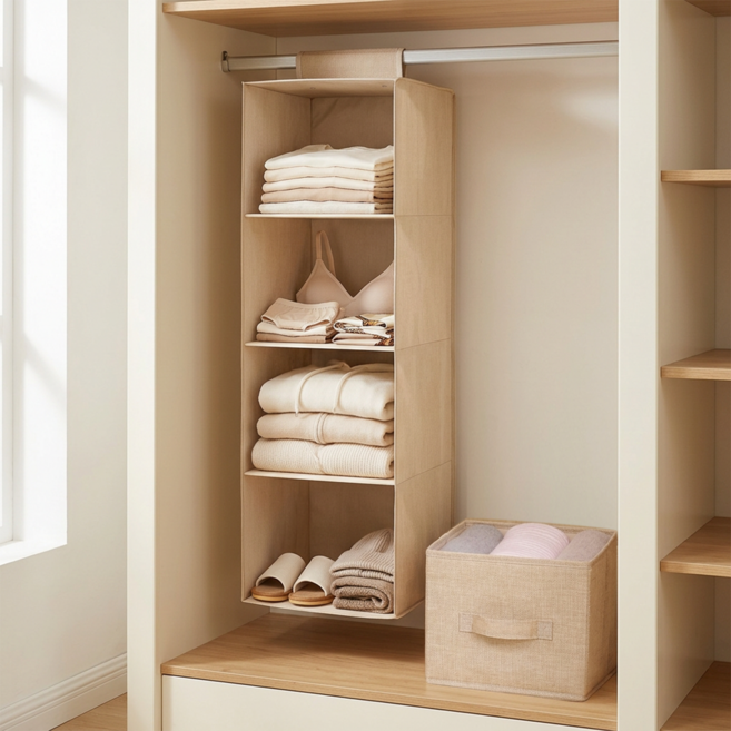 Gueray 접이식 4 칸 옷장 선반 공간절약 행잉오거나이저 티셔츠 모자정리 서랍함포함 패브릭, 1개, 패브릭 베이지