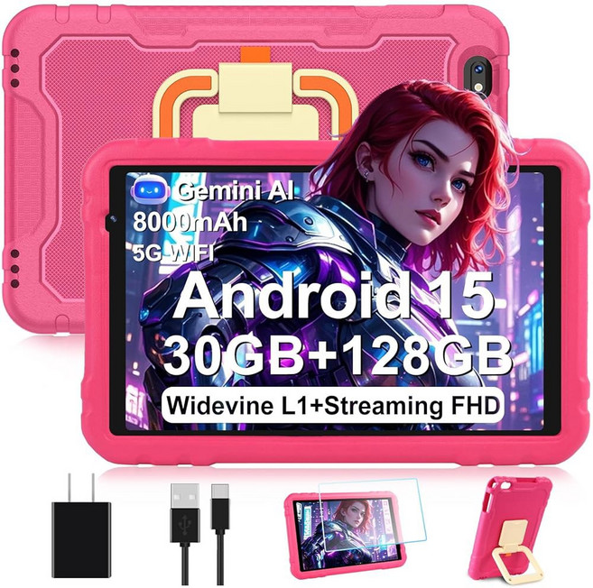 2026 태블릿 10인치 안드로이드 15 태블릿 30GB RAM 128GB ROM 1TB 8000mAh 옥타코어 태블릿 낙하 방지 케이스 제미니 AI HD IPS 디스플레, Rose Red