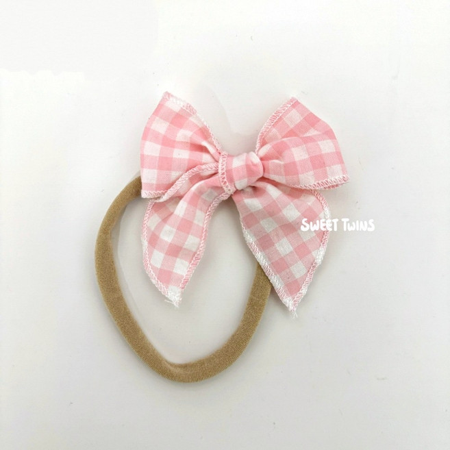 Sweet Twins 嬰兒寶寶蝴蝶結髮帶 新生兒頭飾 粉紅格紋