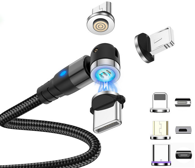 라온 3 in 1 고속충전 멀티 마그네틱 케이블 1M 2M+(아이폰8핀 micro5핀.c타입)3종 커넥터포함, 블랙