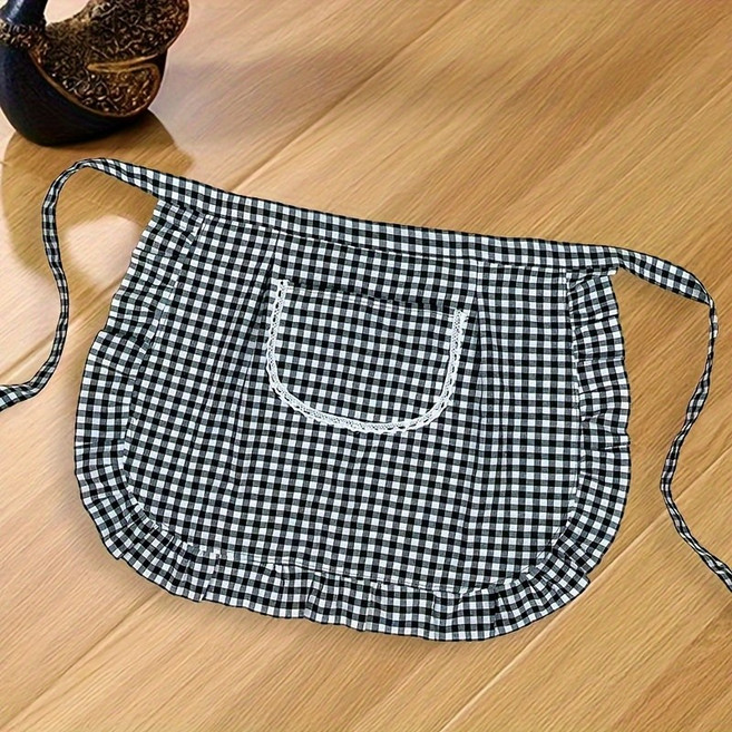 편한 착용 통기성 체크 숏하프 미니 허리앞치마, 1개, 블랙