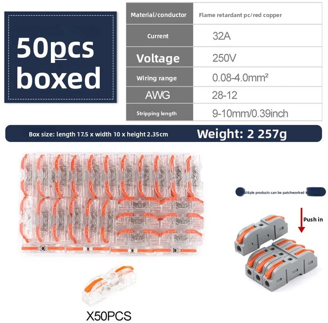 34-100개입 박스형 레버 와이어 커넥터 가정용 전기 배선용 빠른 접합 재사용 가능 터미널 블록, 14 211Transparent Orang