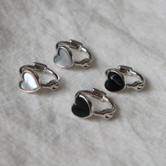 하트 자개 오닉스 실버 원터치 미니 링귀걸이 (2color)