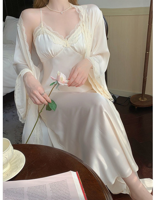 청순 심플 섹시 롱 실크 원피스 가운 로브 세트 레이스 슬립 파자마 허니문 잠옷 빅사이즈 홈웨어