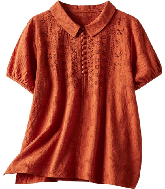 플랜앤유 여자 빅사이즈 자수 린넨 혼방 반팔 블라우스
