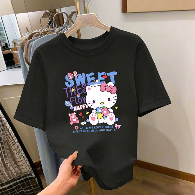 FONOW 반팔티셔츠 귀여운 고양이 여성티셔츠 오버핏 남성티셔츠 여름 반팔면티