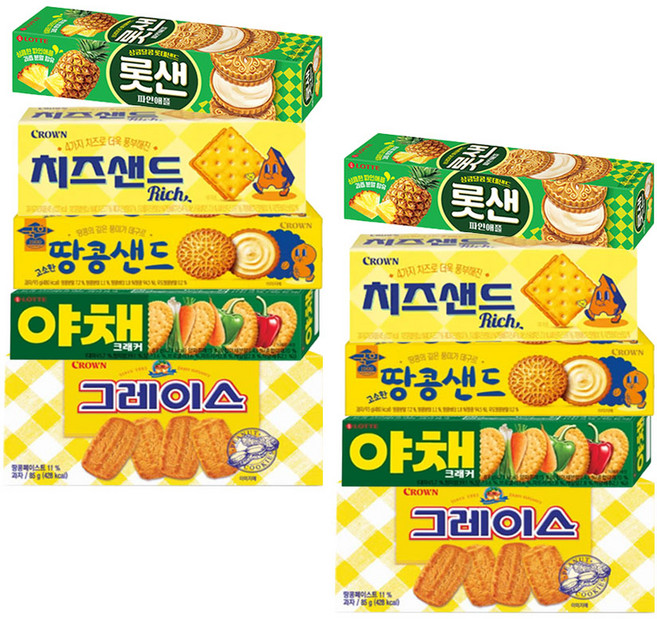 소용량 비스킷 (그레이스+치즈샌드+땅콘샌드+야채크래커+롯샌), 411g, 2세트