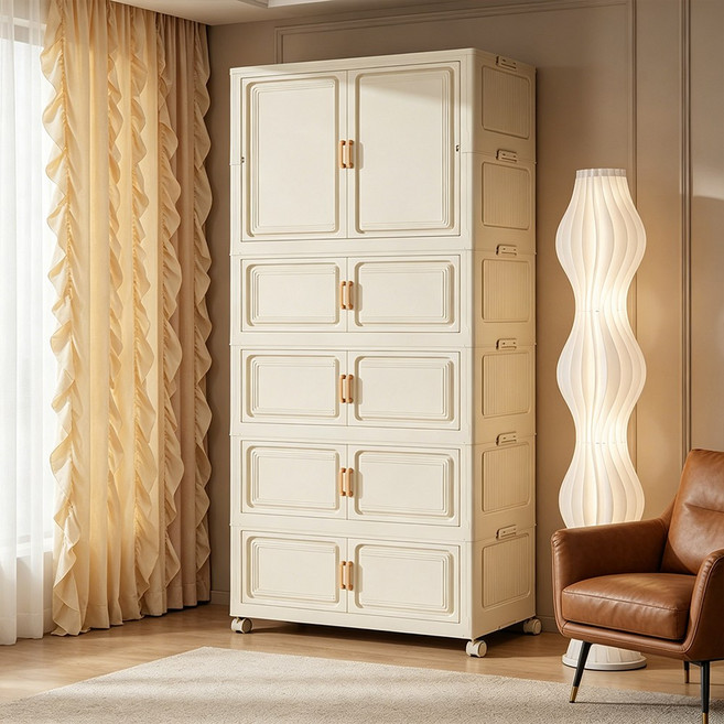 대형 접이식 폴딩 리빙박스 수납함 이동식 접이식 수납장 가정용 다용도 옷 수납장비키니 옷장, 1단 옷장+4단 수납장(80×36×189cm)