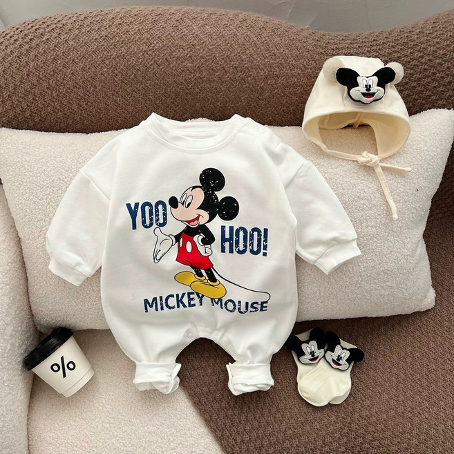 아기 베이비 봄 가을 우주복 긴팔티 맨투맨 바디슈트 디즈니 미키마우스 간절기 외출복 등원룩 백일 6개월 돌 아기옷
