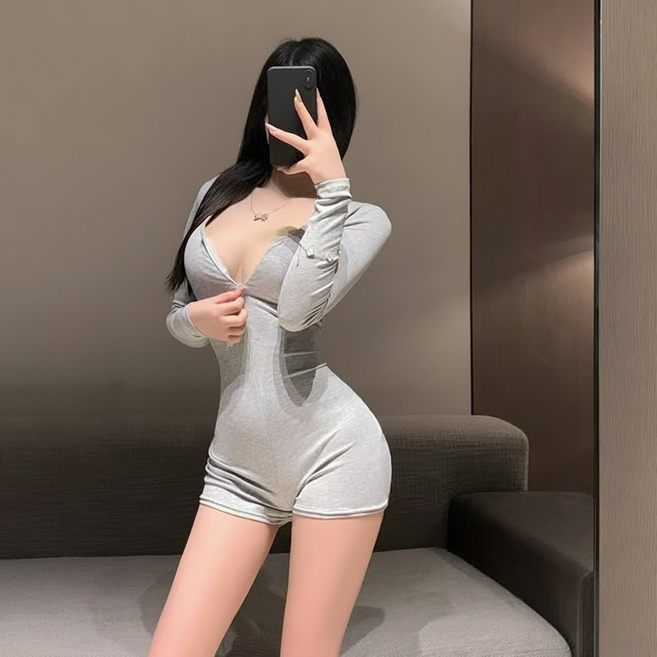 SirenX 섹시 파티룩 긴팔 바디수트 지퍼 슬림핏 딥브이넥 요가복