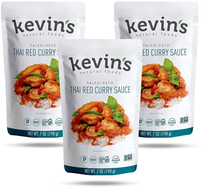 케빈의 천연 꿀 마늘 소스 - 팔레오 시머 볶음 소스 글루텐 프리 방부제 없음 비 GMO 3팩, Thai Red Curry, 198g