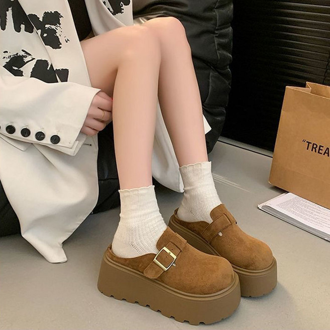 FANSYLI 여성 키높이 슬리퍼 7cm 통굽 미끄럼방지 사무실 슬리퍼 심플 빈티지 스웨이드 샌들 X2603M14