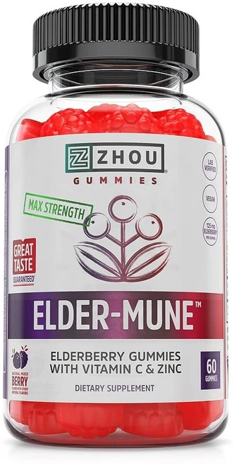 Zhou Elder-Mune Sambucus 엘더베리 젤리 | 항산화 플라보노이드 면역 지원 아연 및 비타민 C 보충제 | 30회 분량 60회 젤리, 1개 - 쿠팡