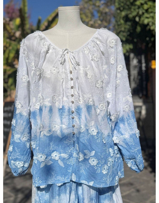 藍島 手染上衣 棉麻透氣 刺綉立體花朵 長袖夏日防曬款, 上白下藍漸層款