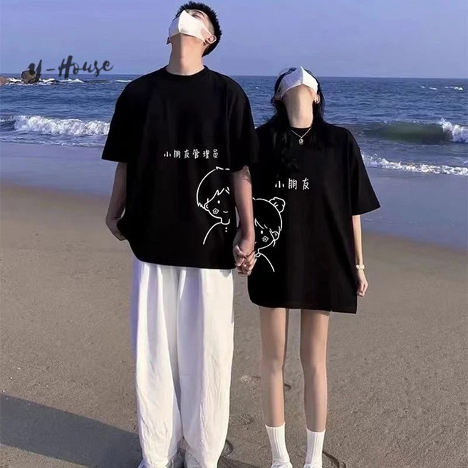 同色系情侶裝夏季新款T恤套裝短袖, 女款白色,3XL【80-90KG】