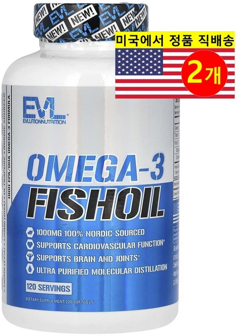 EVLution Nutrition 에블루션 뉴트리션 오메가 3 피쉬 오일, 2개, 120정 - 쿠팡