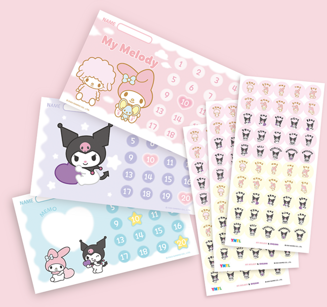 [정품] 미니사이즈_산리오캐릭터즈 칭찬스티커판 세트 마이멜로디&쿠로미 시나모롤 폼폼푸린 포차코, 미니 마이멜로디&쿠로미