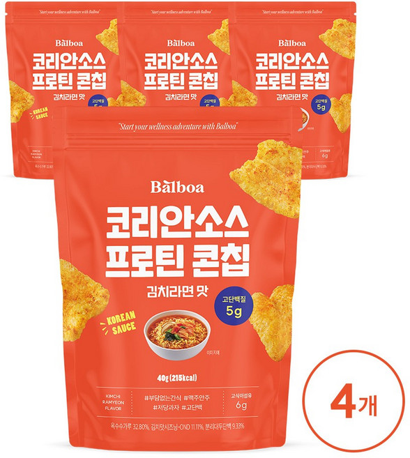 발보아 저당 프로틴 콘칩 김치라면맛, 4개, 40g