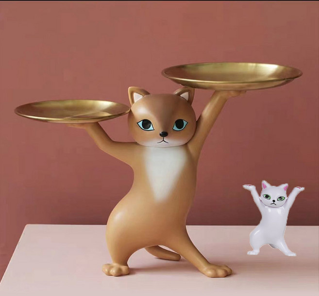 지오샵 인테리어 소품 춤추는 고양이 트레이 + 미니어쳐, 브라운