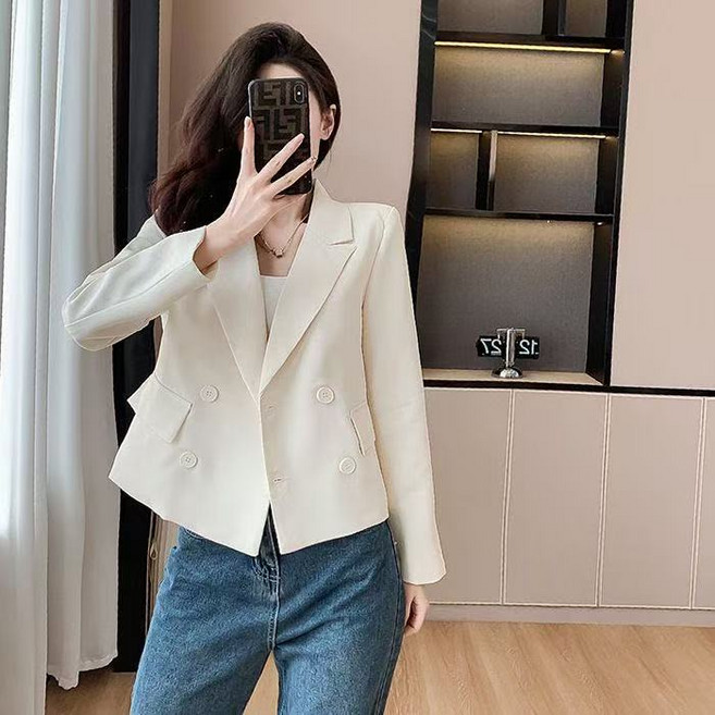 여성 봄 여름 정장 코트 데일리 캐주얼 긴팔 더블 버튼 숏 정장 자켓