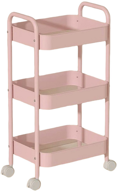 하스몰 이동식 트롤리 수납장 다용도 수납 선반, 핑크, 3단