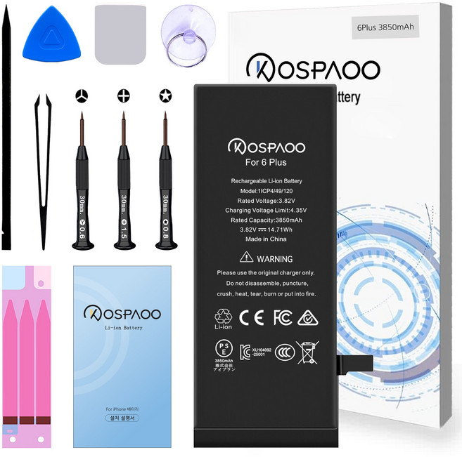 For iPhone 6 Plus 배터리 대용량3850mAh 증가 폭32.1% 616-0770배터리 한국어 설명서 KC인증 Li-ion Battery (For Tool), 분해 도구 포함, 1개
