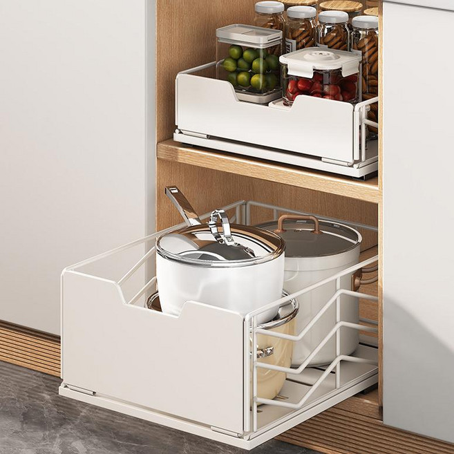 LA DERIVE 무타공 슬라이딩 서랍형 하부장 수납 선반 접시꽂이 양념통 정리대 레일선반 주방 선반 서랍식 수납장 찬장 슬라이딩선반 양념통선반 수납정리선반, 화이트
