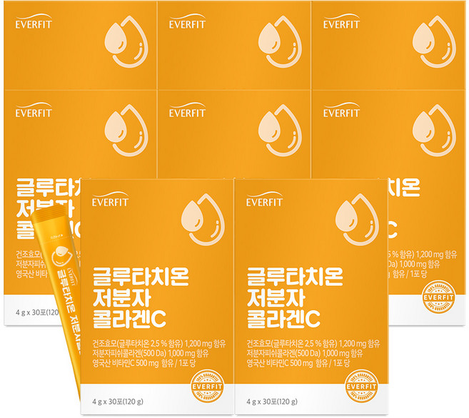 에버핏 글루타치온 어린 저분자 피쉬 콜라겐C / 영국산 비타민C 먹는 엘라스틴 히알루론산, 120g, 8박스