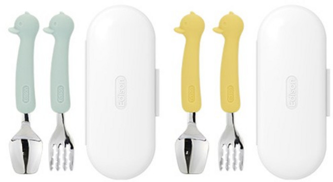 에디슨 유아 실리콘 스푼 포크 케이스 2종 세트, 오리옐로우 + 오리민트, 스푼 + 포크 + 케이스, 1세트