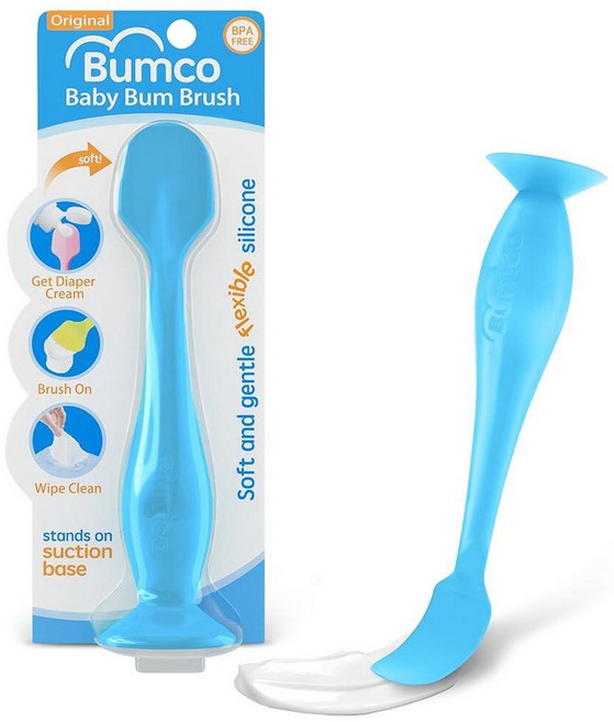 Bumco 미니 아기 기저귀 크림 주걱 케이스 포함 - BPA 프리 실리콘 흡착 컵 포함 닦아서 세척한 범프 브러시 엄마가 발명한 엉덩이 페이스트 어플리케이터 (블루) 3, Full Size Applicator (Blue)