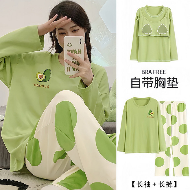 【可開票】-睡衣套裝女生 秋天女裝 韓國女裝 可愛卡通印花 舒適圓領 防凸點