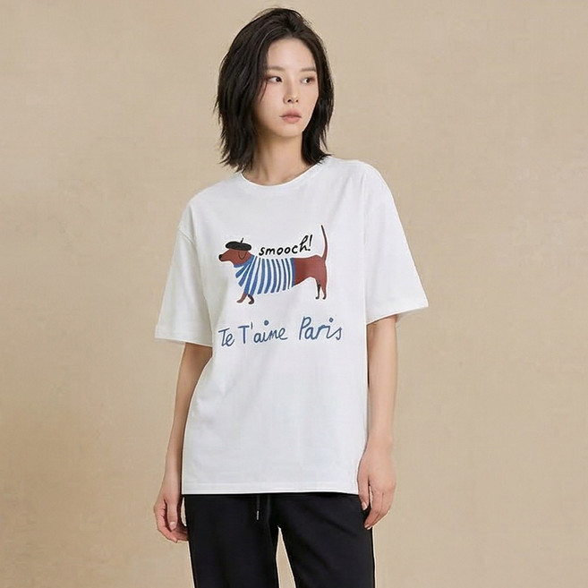 오브나인 프렌치 무드 닥스훈트 루즈핏 레터링 반팔 (3color)+델로나