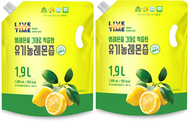태웅식품본사 라이브타임 'NFC 착즙 유기농레몬즙 100%' '스페인산 유기농 무첨가 레몬즙 100%' '속편한 아침 레몬수' '다이어트 디톡스' '비타민C 충전', 2개, 1.9L