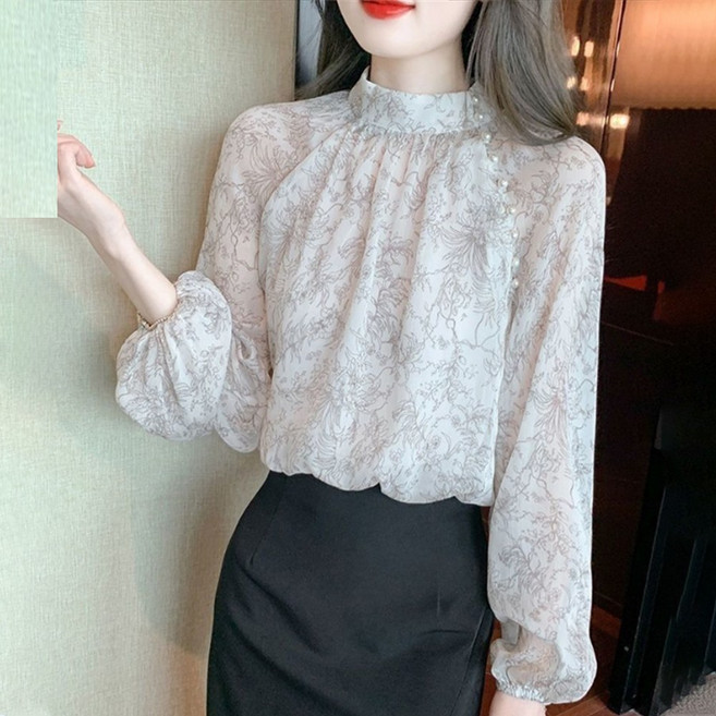 TKX 여성용 봄 가을 플라워 프린트 하이넥 블라우스 긴팔 진주 포인트 오피스 패션 K53